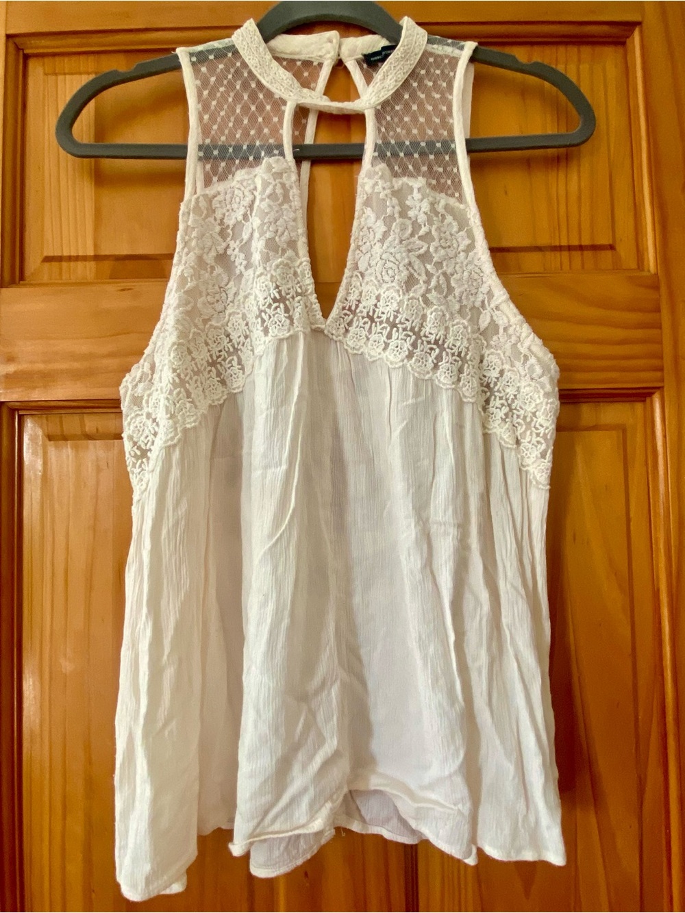 American Eagle Lace Halter Tank Top Cream Sheer Boho Keyhole Back M